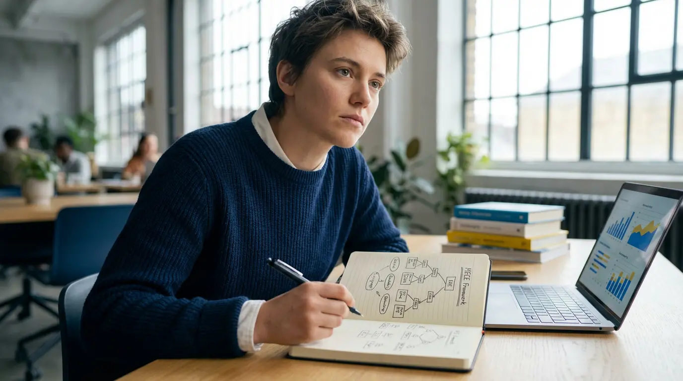 Une personne concentrée écrit dans un carnet ouvert affichant un framework, à côté d'un laptop avec graphiques, pour préparer un cas.