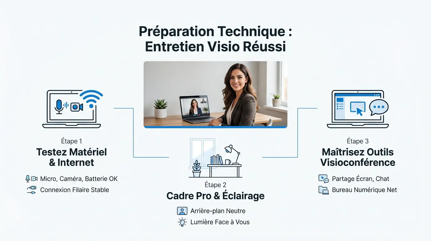Candidat préparant son matériel informatique pour un entretien en visioconférence professionnel
