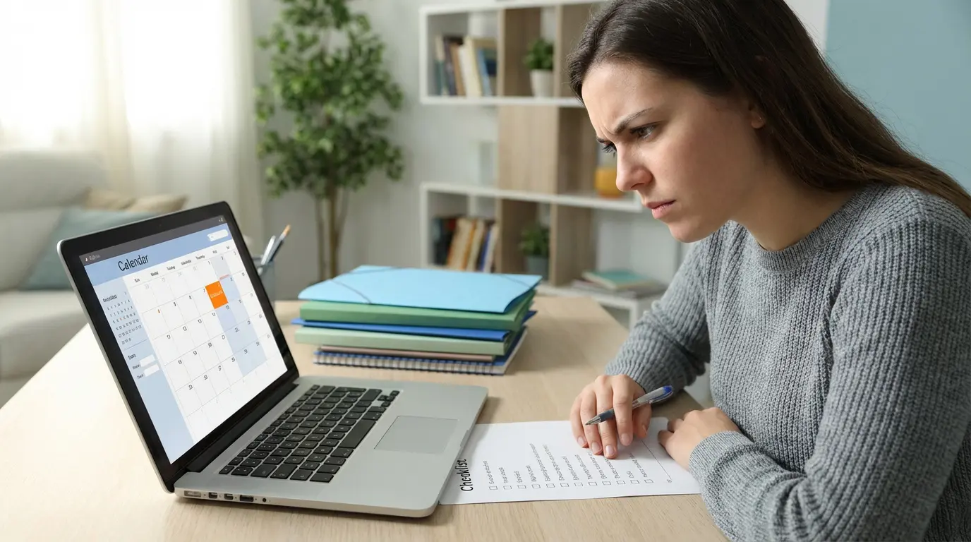 Jeune femme concentrée devant un calendrier d'ordinateur et une checklist papier. Elle organise ses démarches Parcoursup.