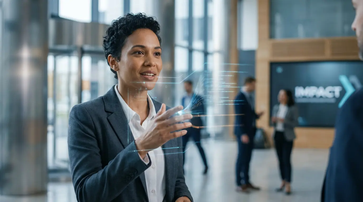 Femme d'affaires présente avec une interface holographique de données dans un bureau moderne, illustrant une communication innovante.