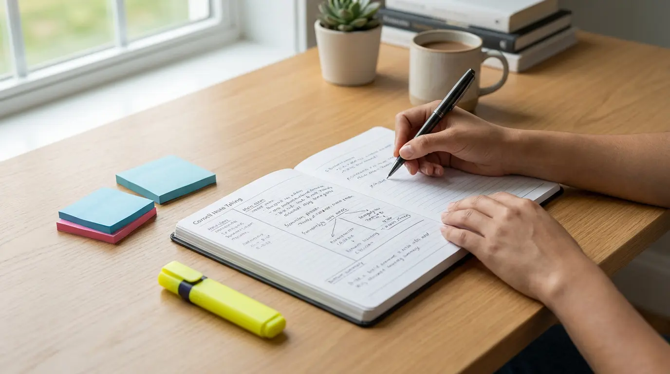 Mains écrivant dans un carnet ouvert sur un bureau en bois, illustrant la méthode de prise de notes Cornell.
