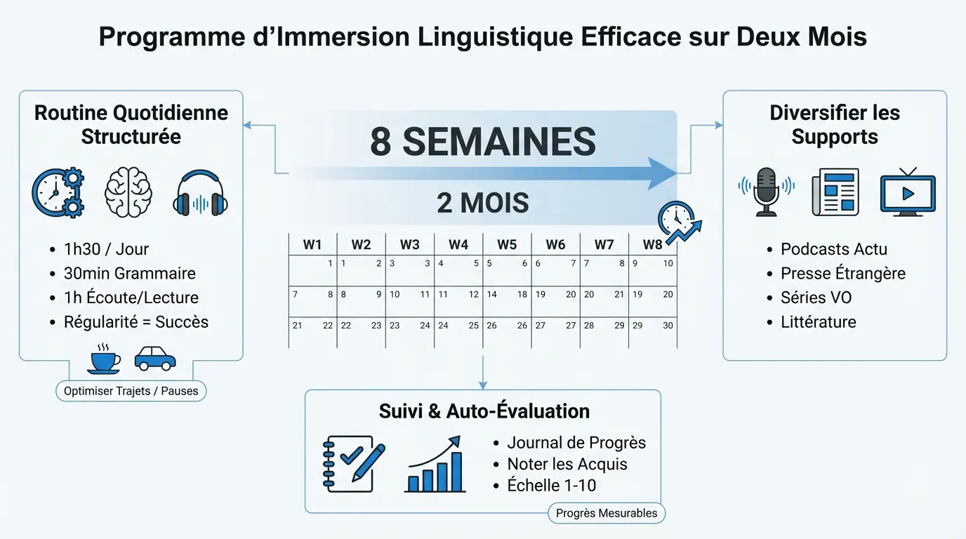 Planning d'immersion linguistique de 8 semaines pour atteindre le niveau B2 en anglais