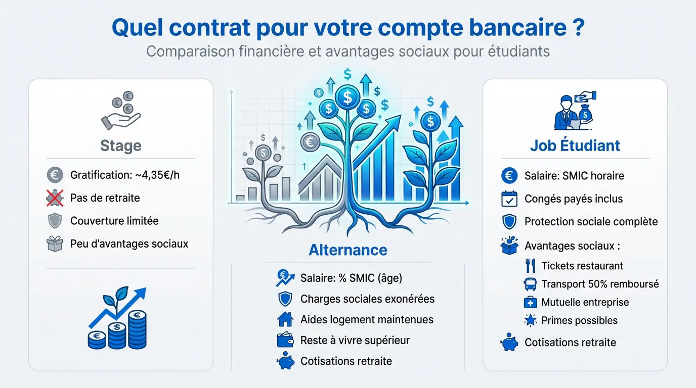 Comparaison financière entre stage, alternance et job étudiant pour optimiser son budget