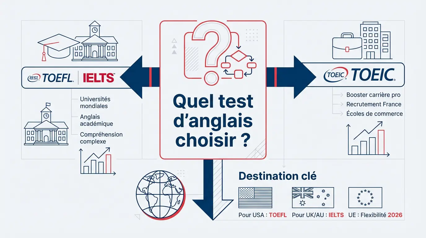 Infographie comparative entre les tests d'anglais TOEIC, TOEFL et IELTS selon les projets