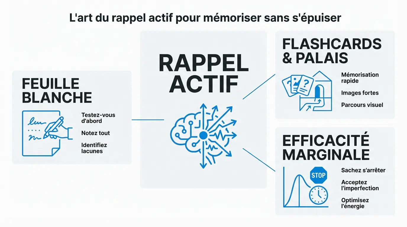 Schéma illustrant la méthode du rappel actif et l'utilisation du palais mental pour réviser efficacement un chapitre