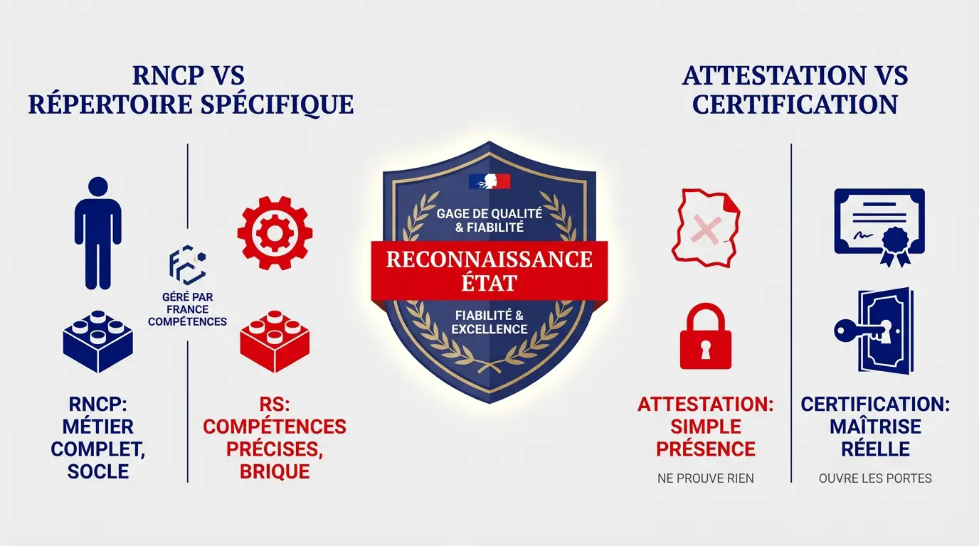 Comparaison entre RNCP, Répertoire Spécifique et attestation de formation
