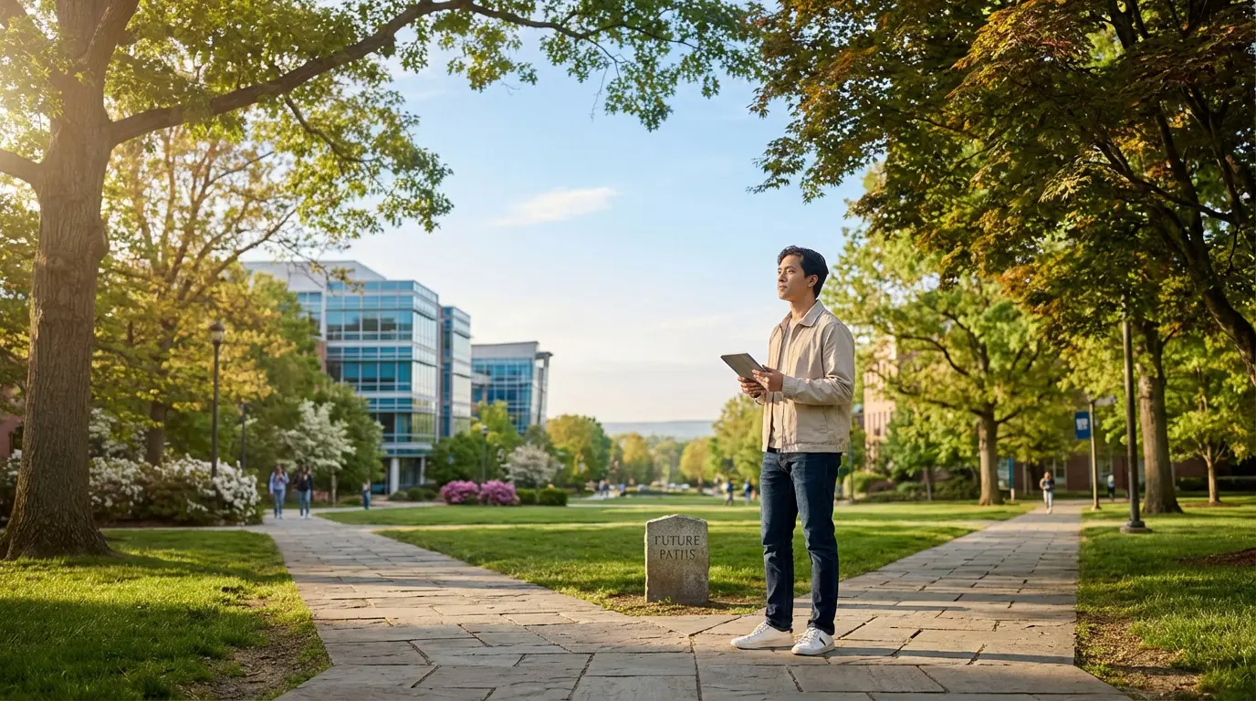 Jeune homme sur un campus, debout à un carrefour de chemins. Il tient une tablette et regarde un panneau "FUTURE PATHS".