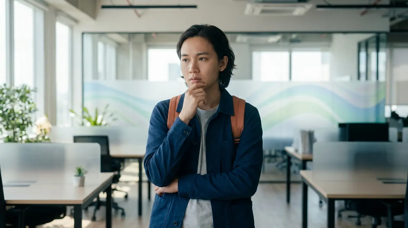 Jeune homme asiatique pensif dans un bureau moderne, réfléchissant à comment surmonter son blocage pour parler anglais.