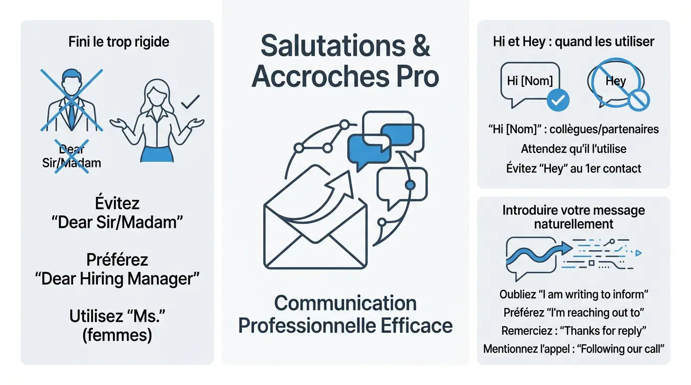 Illustration de salutations et accroches professionnelles pour un email en anglais