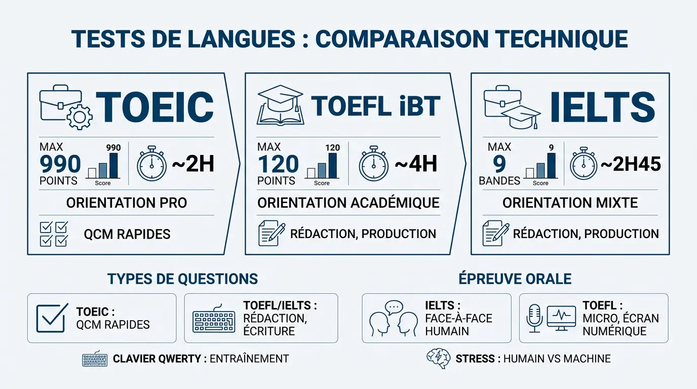 Tableau comparatif technique des scores et durées TOEIC, TOEFL et IELTS