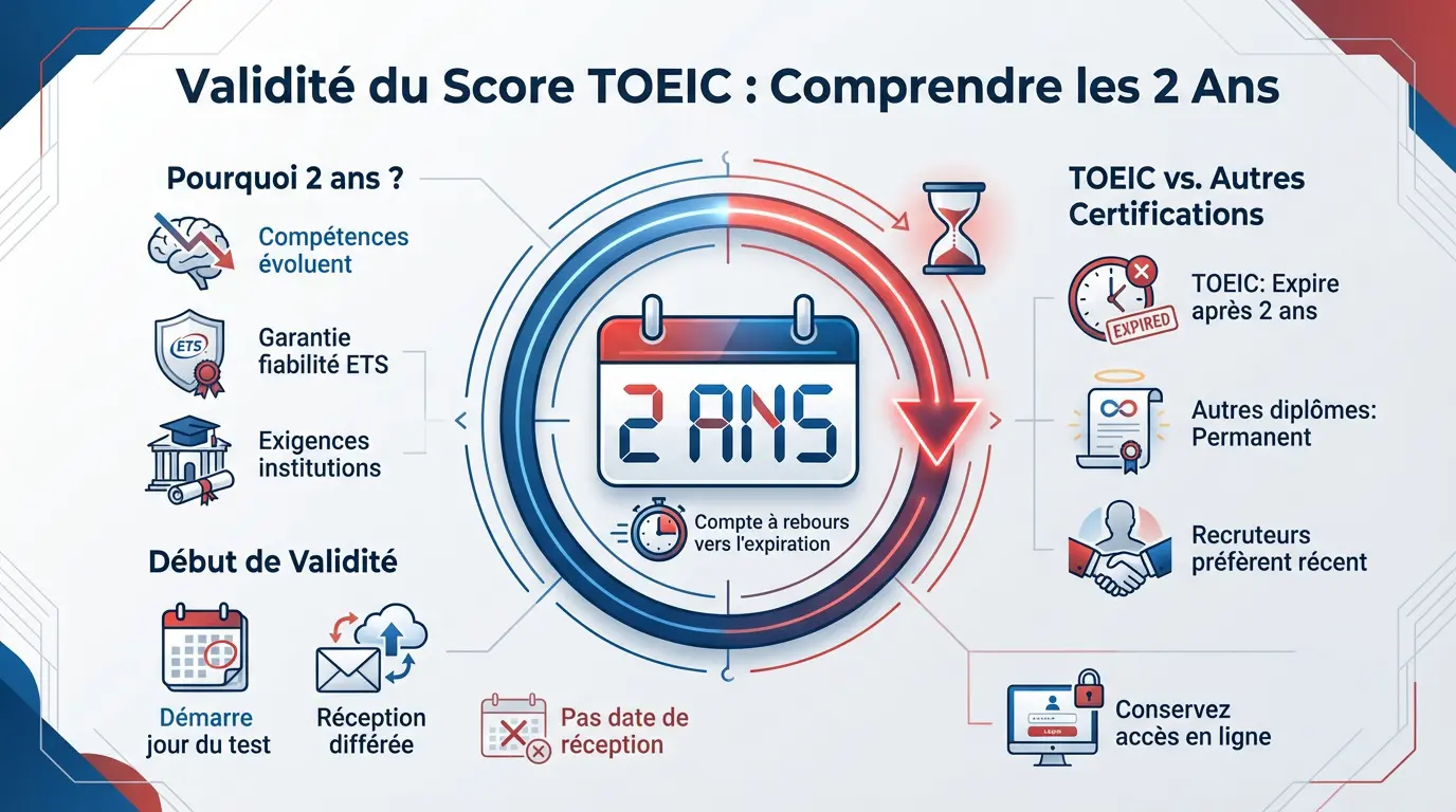 Infographie expliquant la durée de validité de deux ans du certificat TOEIC
