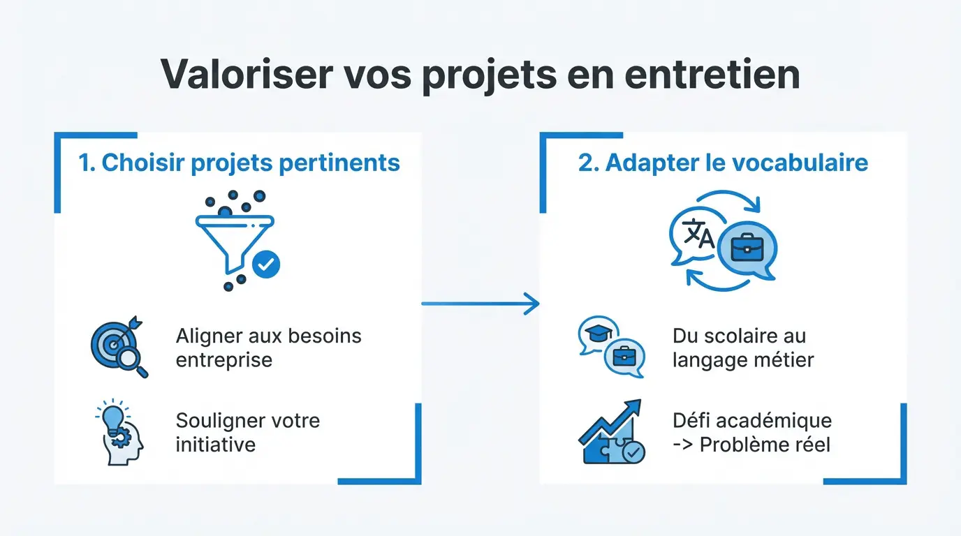 Étudiant présentant ses projets académiques lors d'un entretien professionnel