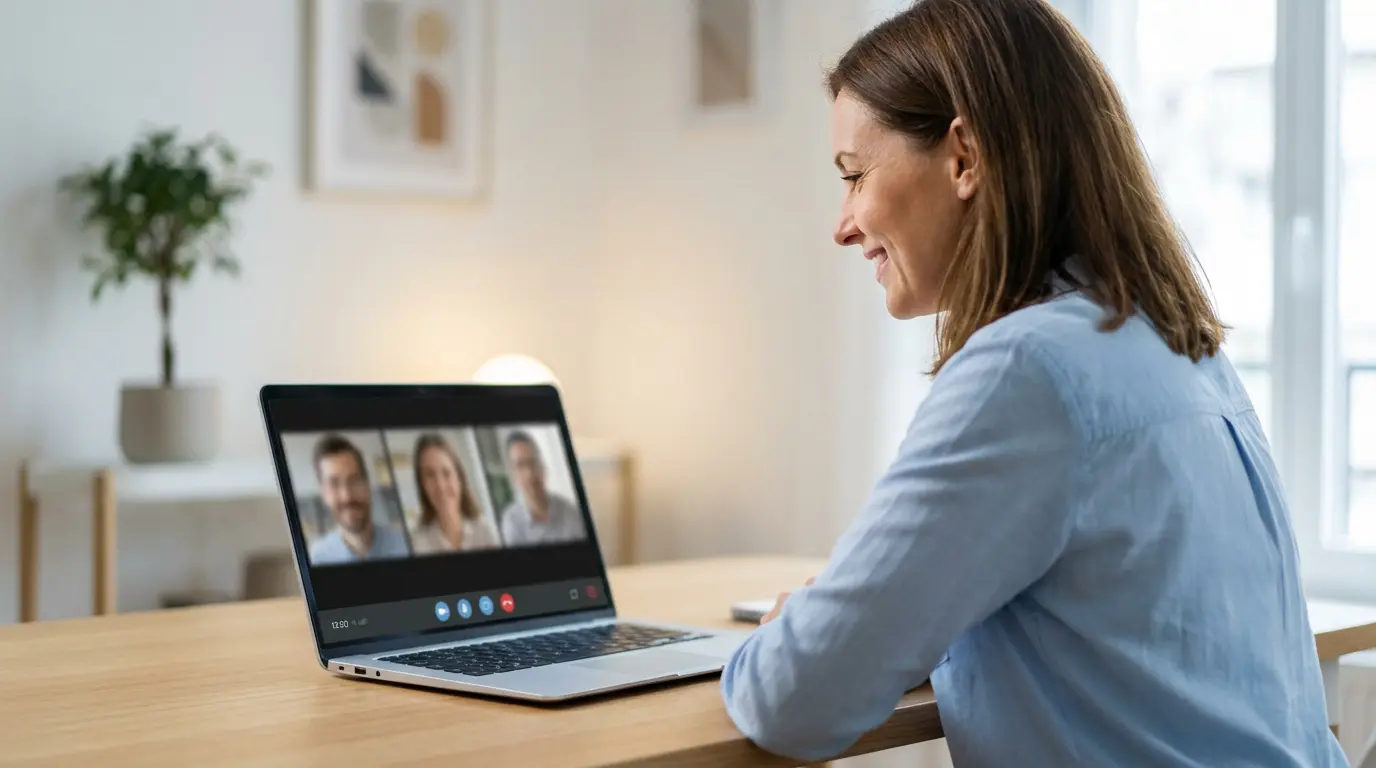 Femme souriante devant un ordinateur portable affichant une visioconférence. Elle est prête pour son entretien en ligne.
