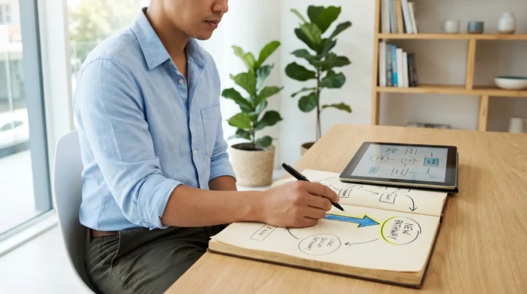Un homme concentré rédigeant un plan de "nouveau chemin" dans un cahier, avec une tablette et des plantes en arrière-plan.